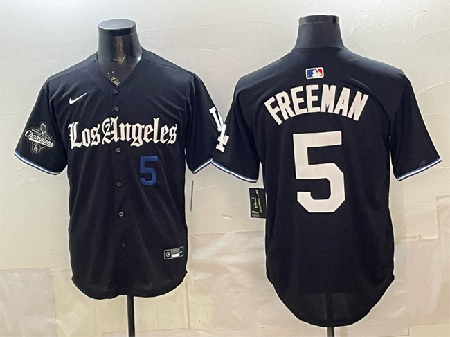 Men's Los Angeles Dodgers #5 Freddie Freeman Black 2025 World Series Champions Patch 'Gothic Edition' Vapor Premier Limited Stitched Baseball Jersey